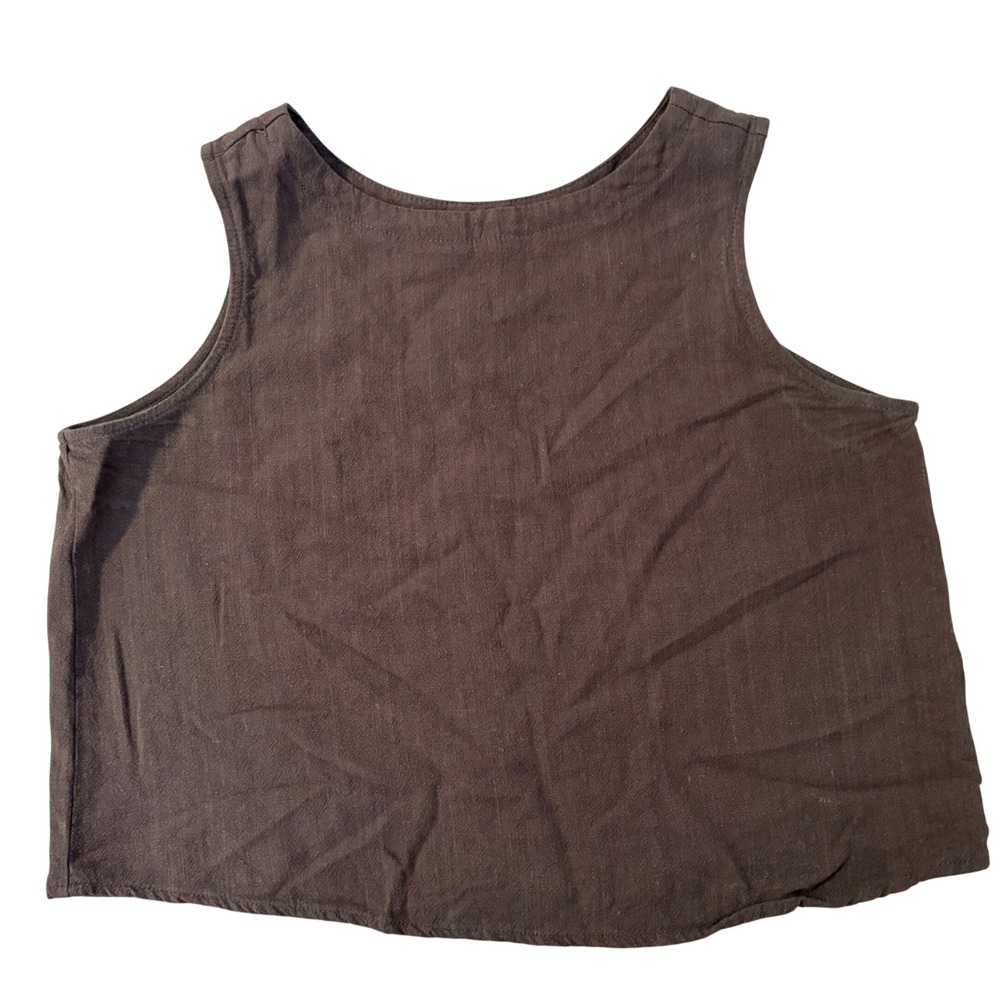 Brown Linen Blend Button Back Sleeveless Tank Top Crop Small Lightweight Layer